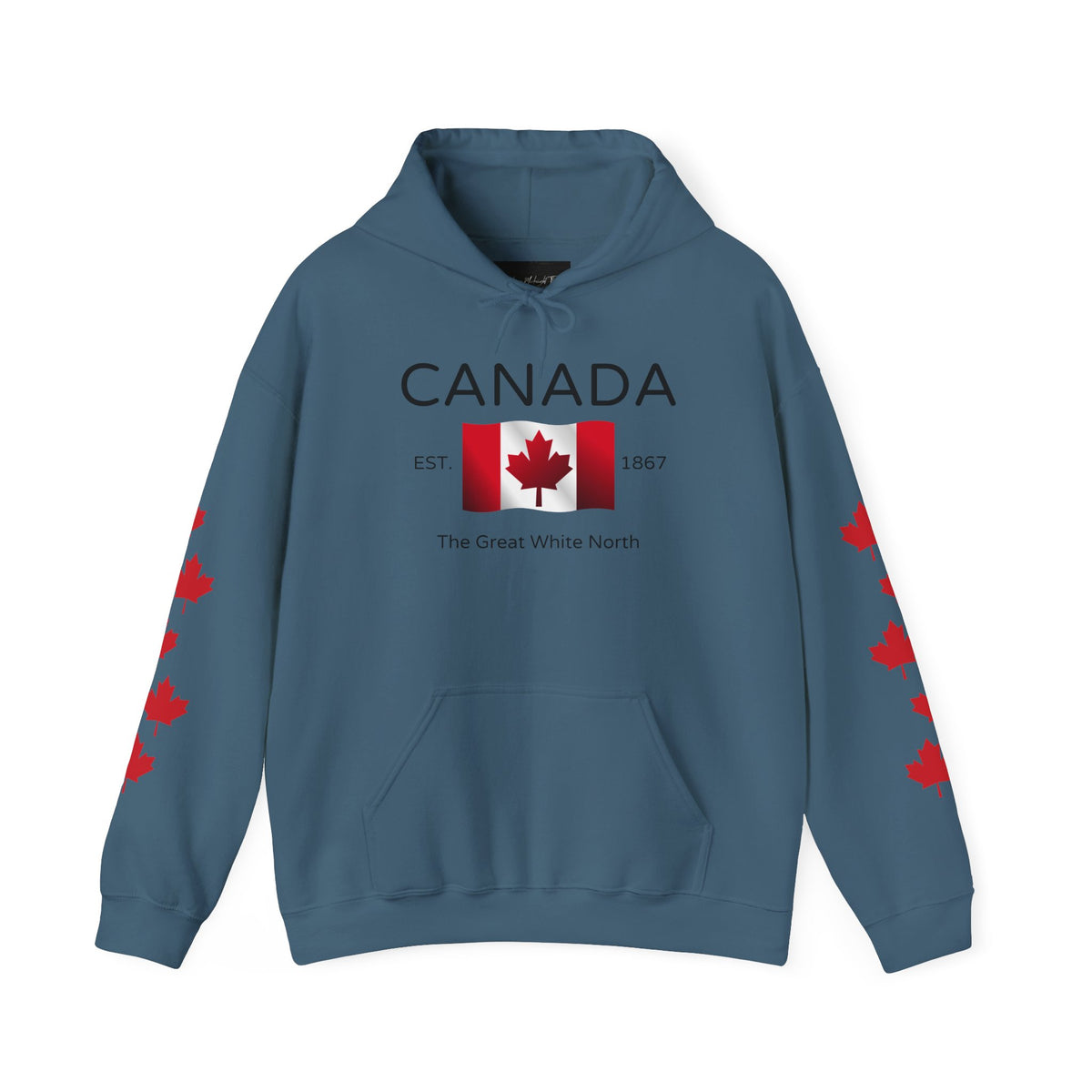A custom hoodie with Canada in large letters on the front, there is a maple flag that looks like it is blowing in the wind with the words the great white north underneath, there are maple leaves along each sleeve of the hoodie.
