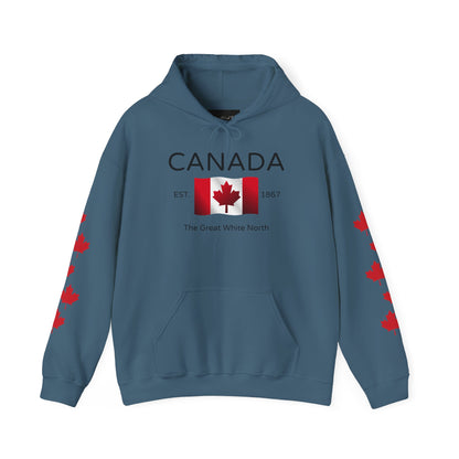 A custom hoodie with Canada in large letters on the front, there is a maple flag that looks like it is blowing in the wind with the words the great white north underneath, there are maple leaves along each sleeve of the hoodie.