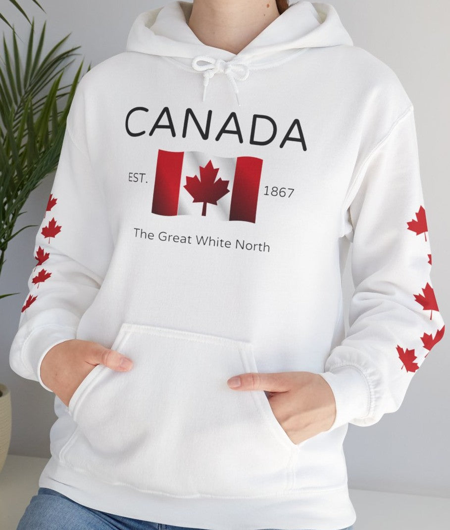 A custom hoodie with Canada in large letters on the front, there is a maple flag that looks like it is blowing in the wind with the words the great white north underneath, there are maple leaves along each sleeve of the hoodie.