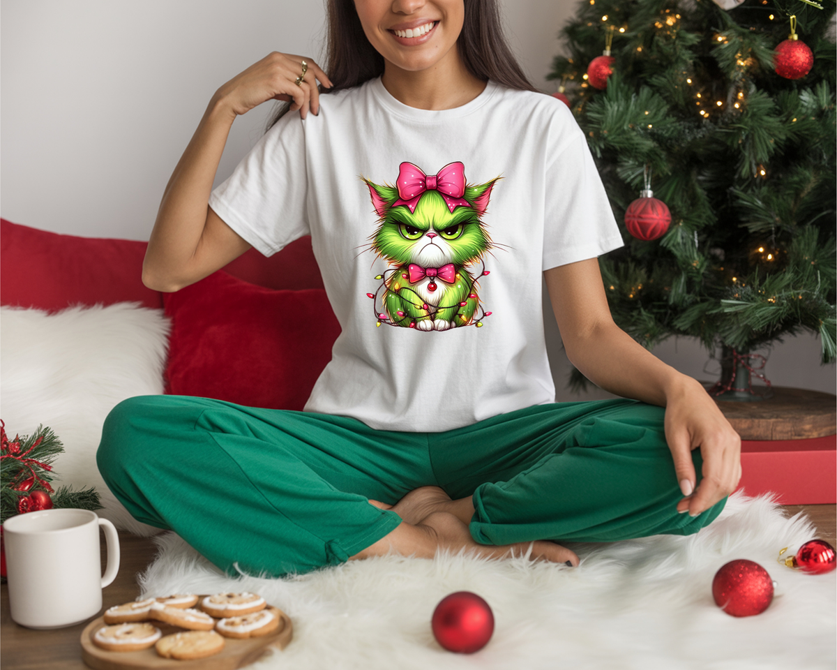 Grumpy Christmas Cat with Bow T-Shirt