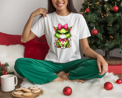 Grumpy Christmas Cat with Bow T-Shirt