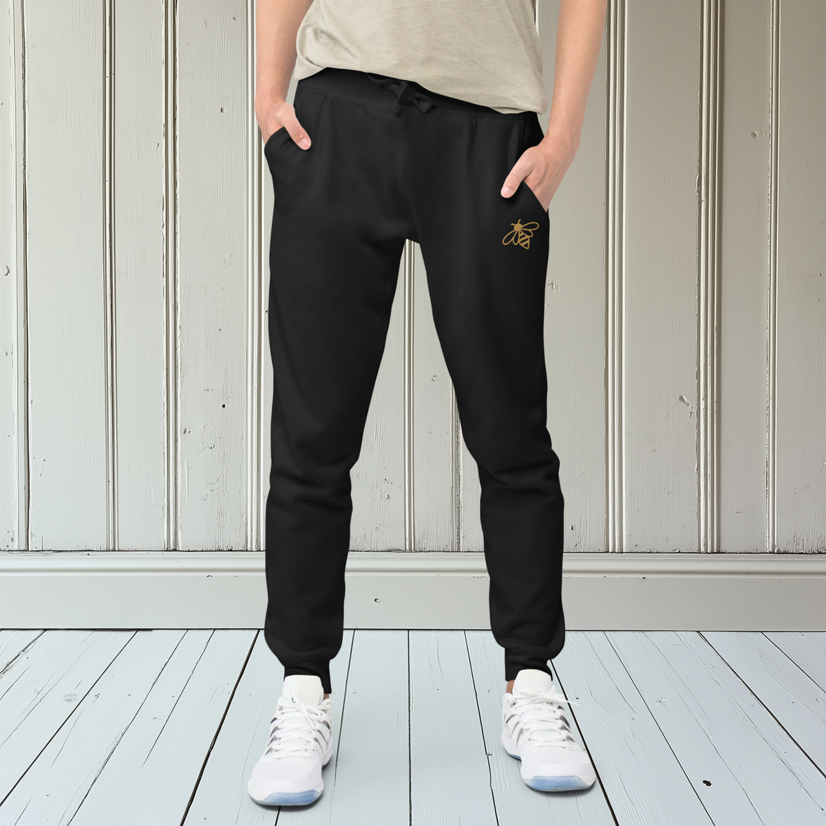 Gold Embroidered Bumble Bee Unisex Fleece Sweatpants