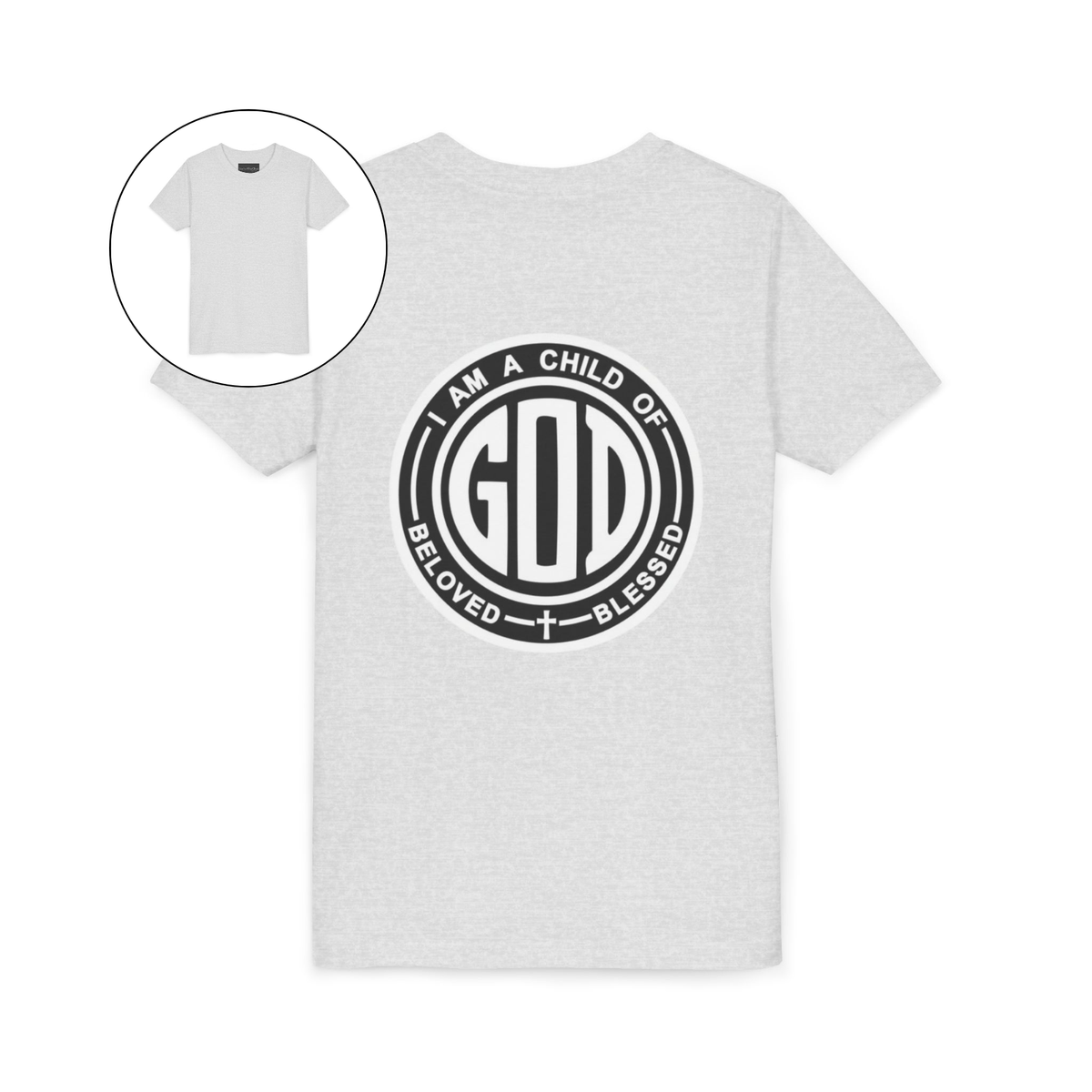 A youth t-shirt with the words 'I am a Child of God Beloved and Blessed' on the back of the shirt.