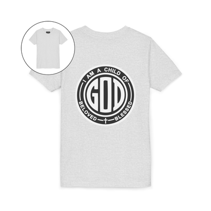 A youth t-shirt with the words 'I am a Child of God Beloved and Blessed' on the back of the shirt.