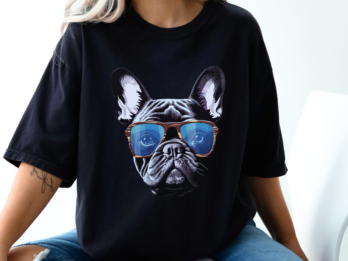 A person wearing a black oversized T-shirt with a graphic print of a French bulldog wearing blue-tinted sunglasses, paired with blue jeans in a bright indoor setting.