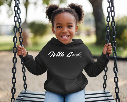 On the front of this Christian themed youth hoodie are the words 'With God' in bold letters