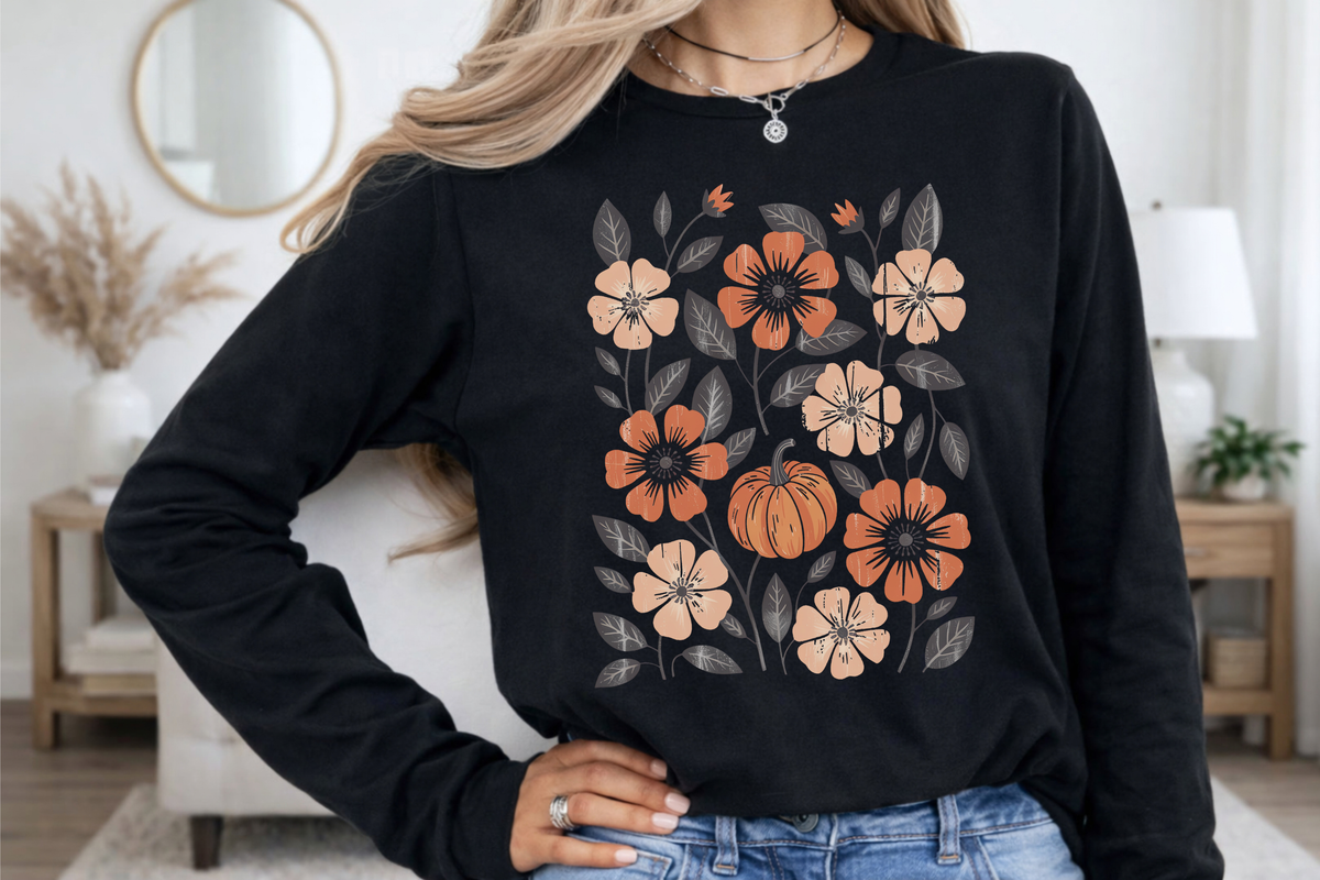 Botanical Floral Pumpkin Long Sleeve T-Shirt