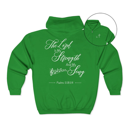 On the front of this Christian zip up hoodie is an image of a Jesus cross with music notes coming from the top of the cross, on the back of the hoodie are the words 'The Lord is my strength and my song Psalms 118:14 with music notes on either side of the image.