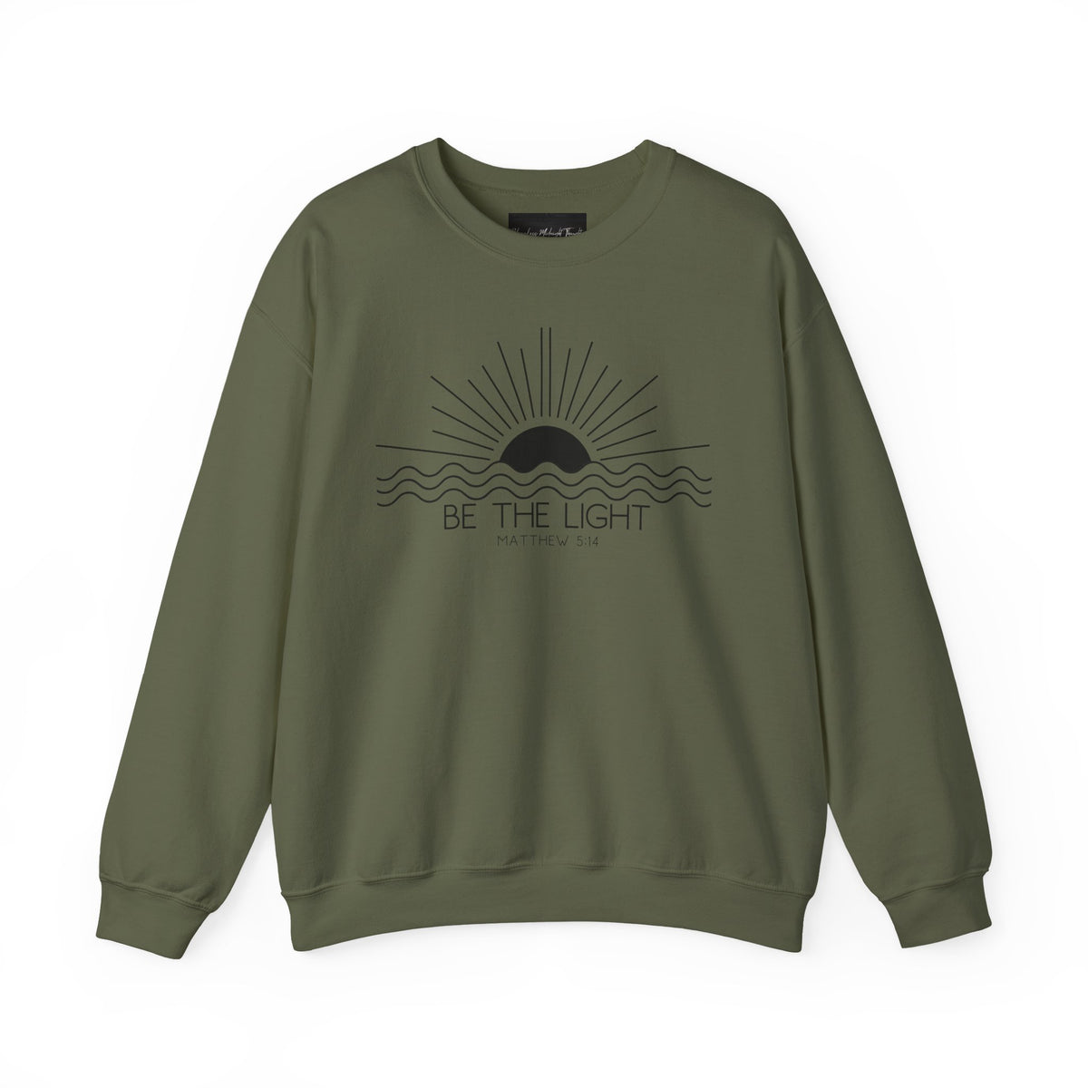 Crewneck Sweatshirt — Minimal "Be The Light" Sunrise Graphic