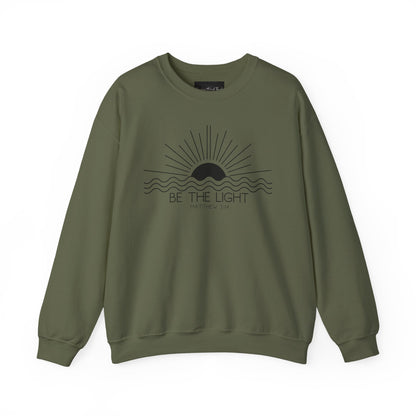 Crewneck Sweatshirt — Minimal "Be The Light" Sunrise Graphic