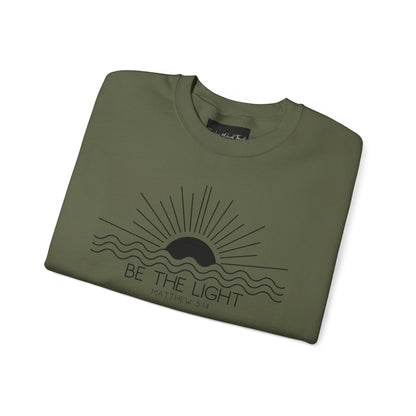 Crewneck Sweatshirt — Minimal "Be The Light" Sunrise Graphic