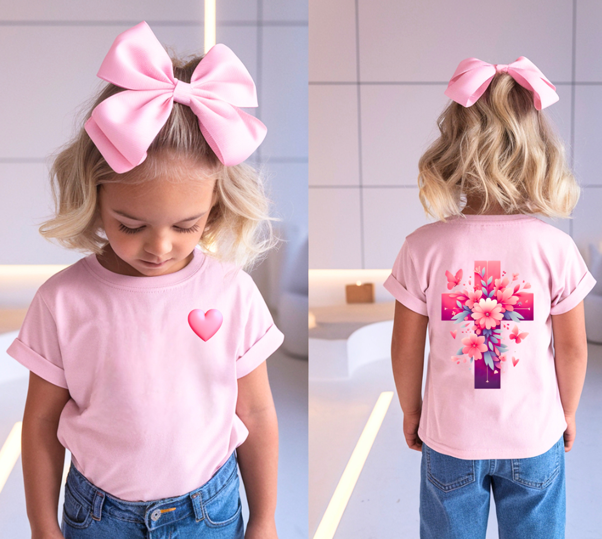 A young girl is shown from the front and back wearing a light pink short-sleeve T-shirt with a small pink heart on the front chest and a large floral cross graphic on the back. She also wears a large pink bow in her hair and blue jeans.