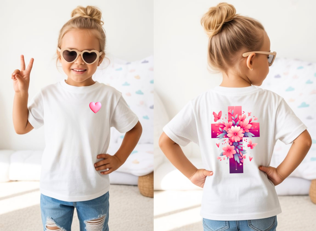 Pink Heart Flower Cross Kids T-Shirt