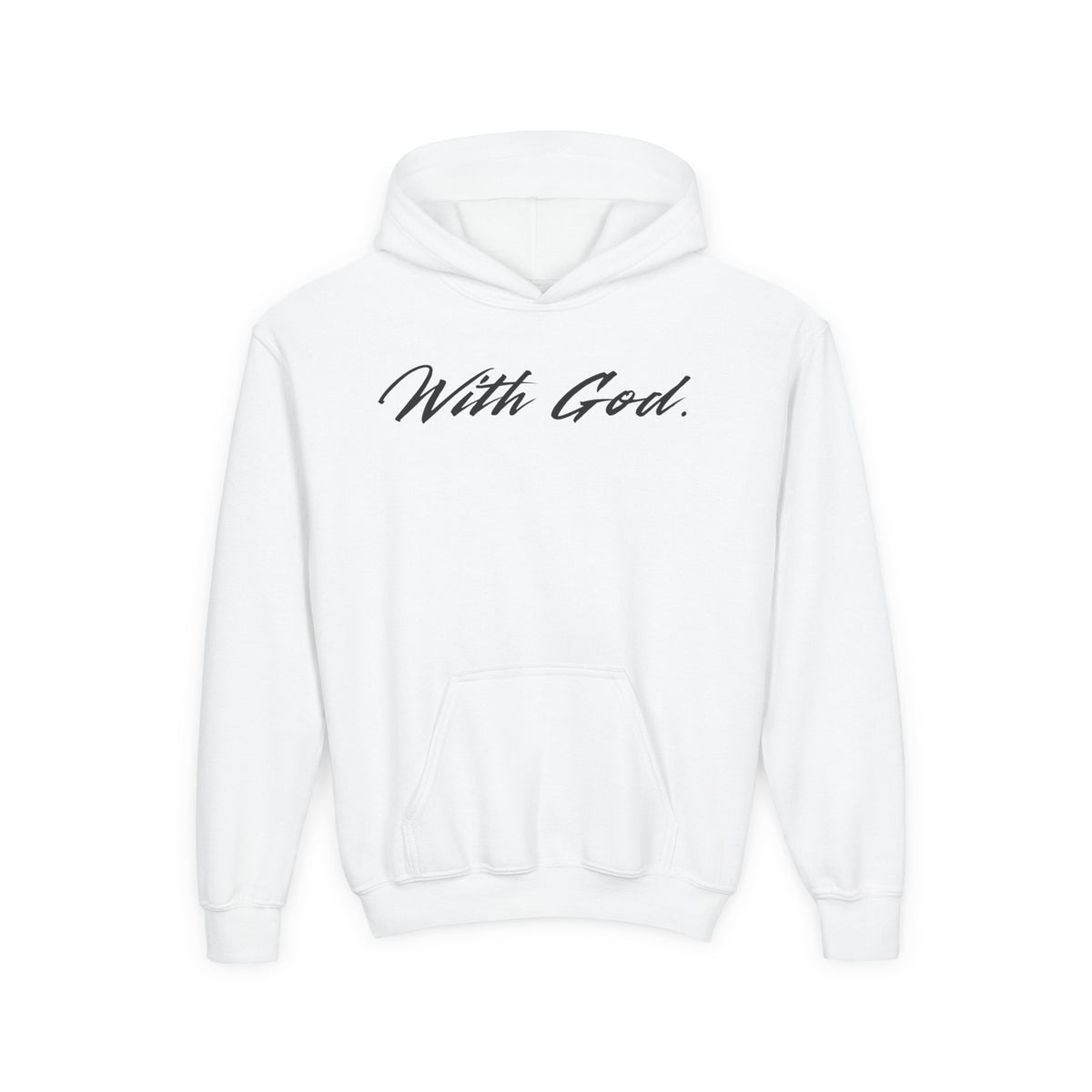 On the front of this Christian themed youth hoodie are the words 'With God' in bold letters