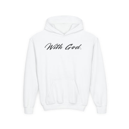 On the front of this Christian themed youth hoodie are the words 'With God' in bold letters