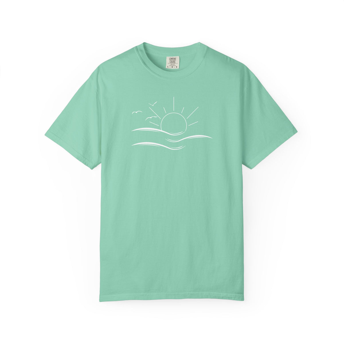 an oversized green t-shirt the image on the front is a simple line drawing of waves and a sun with birds flying around the sun.