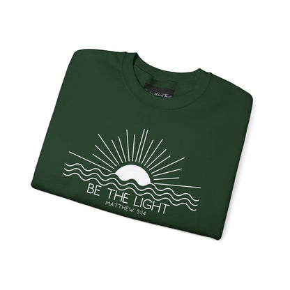 Crewneck Sweatshirt — Minimal "Be The Light" Sunrise Graphic