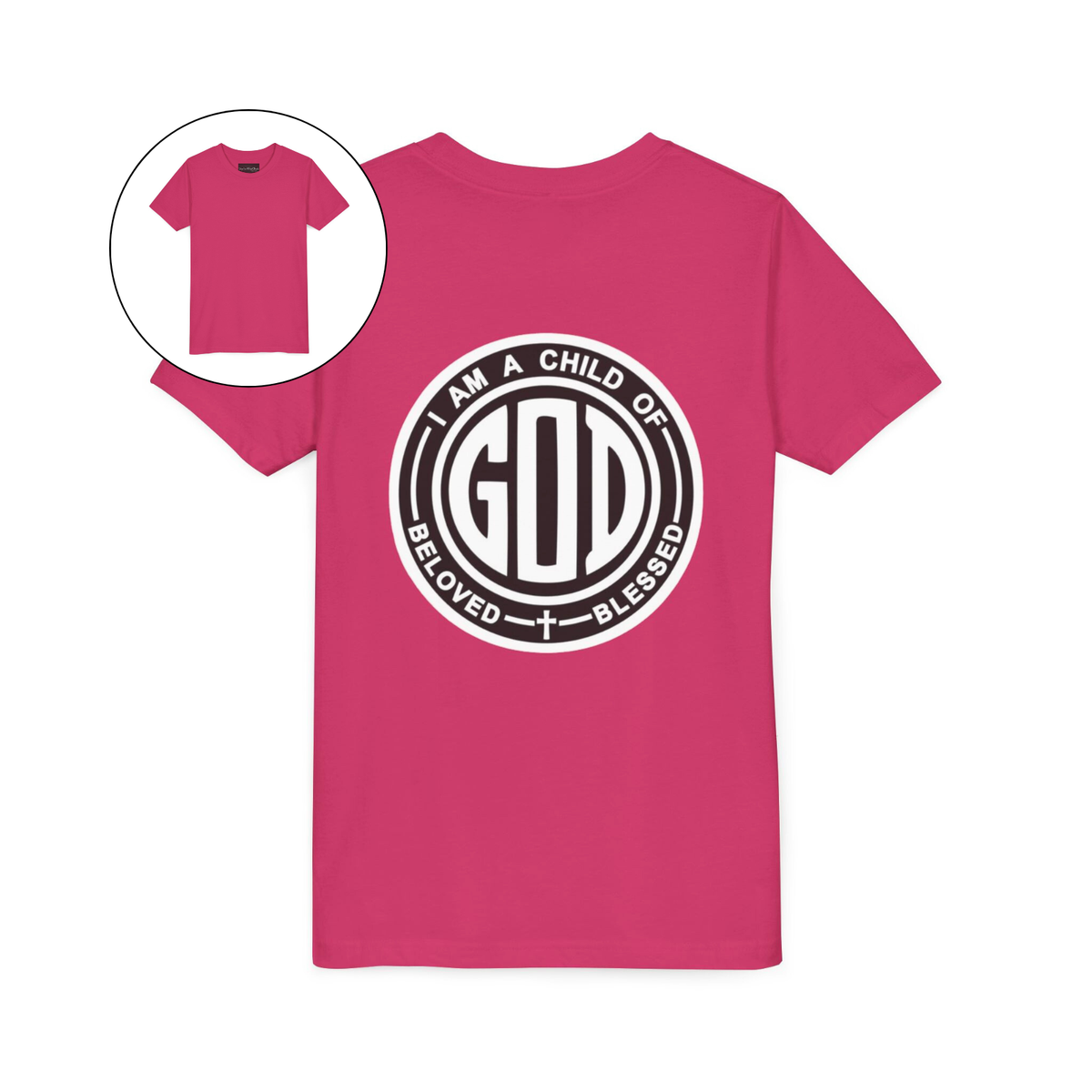 A youth t-shirt with the words 'I am a Child of God Beloved and Blessed' on the back of the shirt.