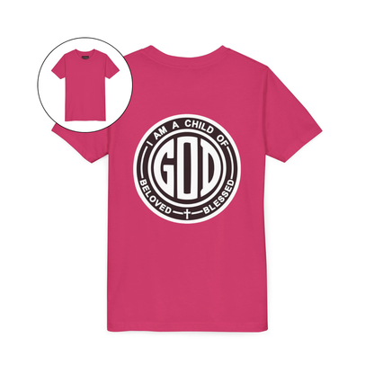 A youth t-shirt with the words 'I am a Child of God Beloved and Blessed' on the back of the shirt.
