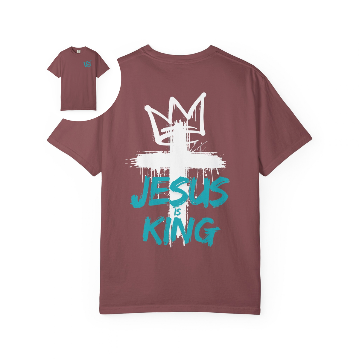 A oversized graphic t-shirt with an image of a crown spray painted on the top right chest of the shirt, on the back of the shirt is a large cross spray painted on the back with a cross on the top with the words 'Jesus is King' spray painted on the top.