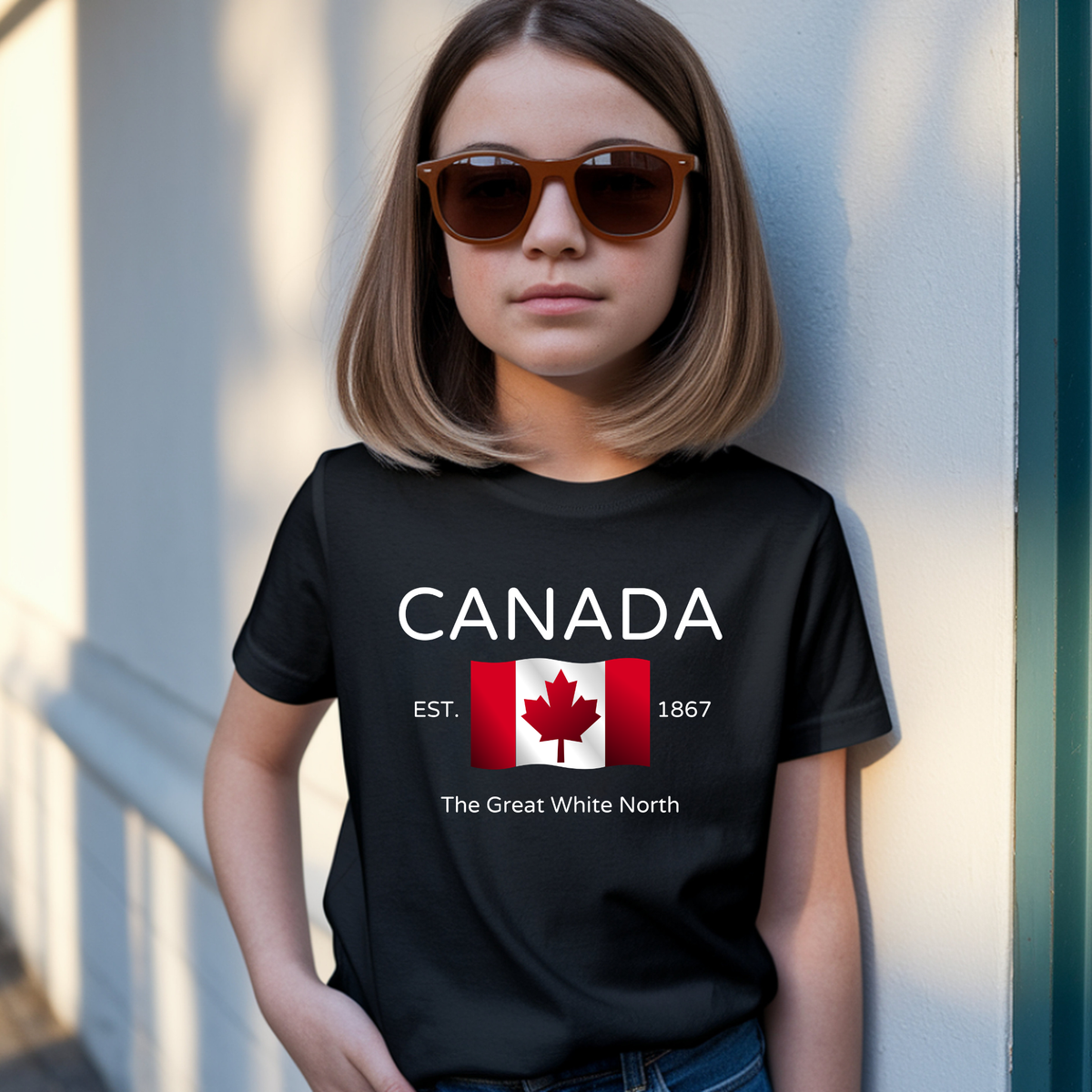 On the front of this youth t-shirt are the words Canada in large letters with a Canadian flag underneath, the letters Esrt1867 and the great white north are under the flag.