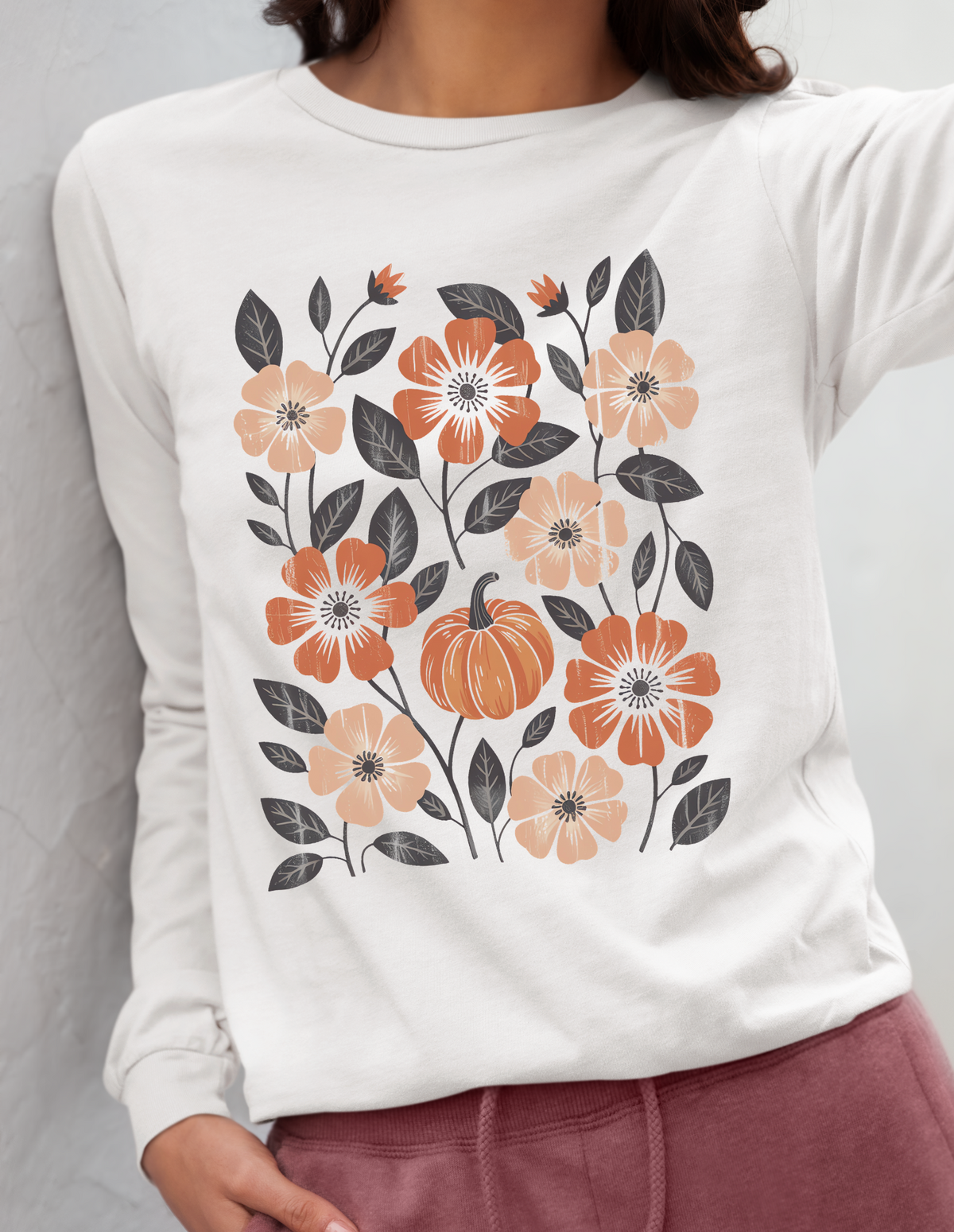 Botanical Floral Pumpkin Long Sleeve T-Shirt