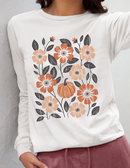Botanical Floral Pumpkin Long Sleeve T-Shirt