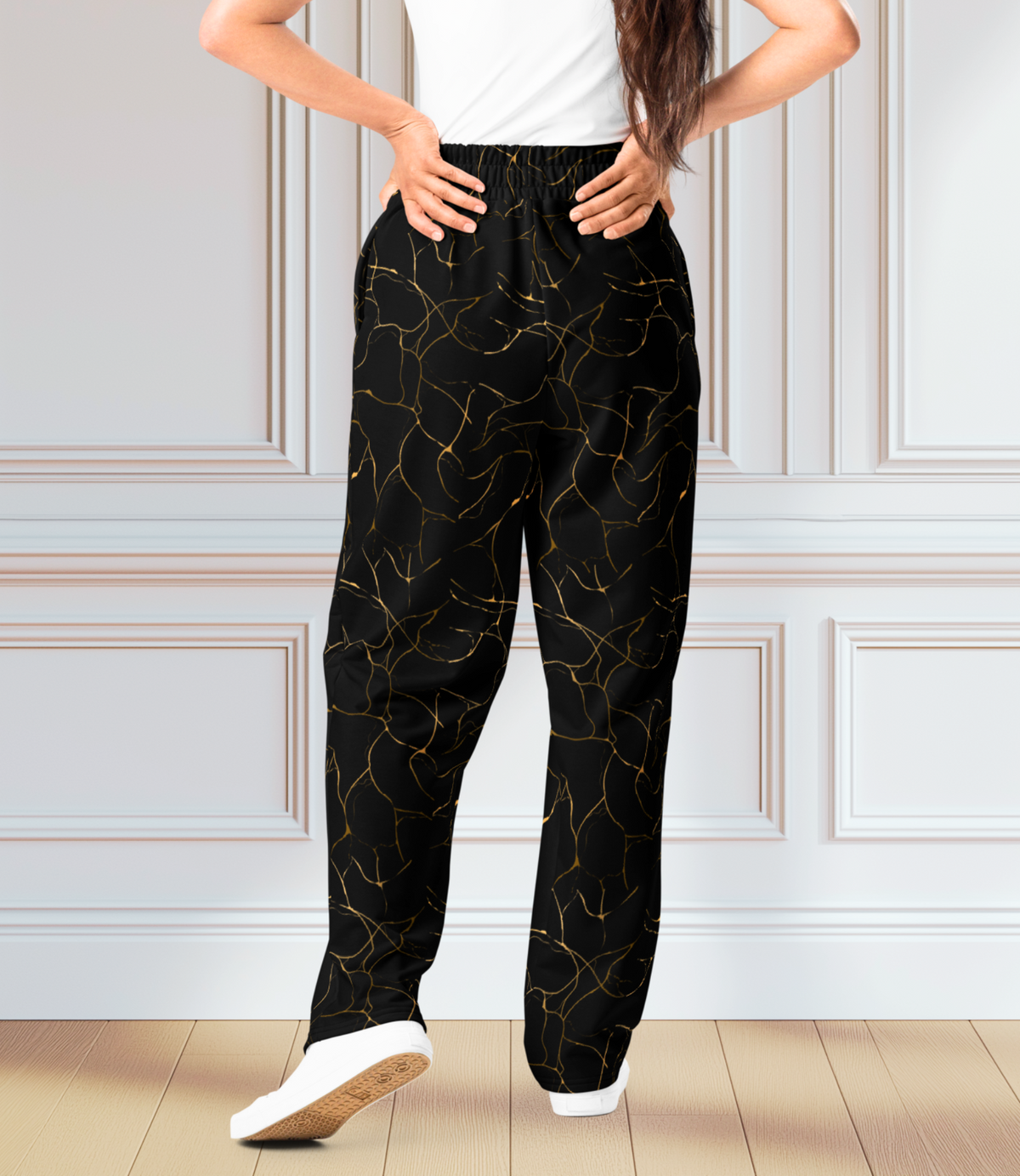 Black with Gold Marble Wide-Leg Joggers