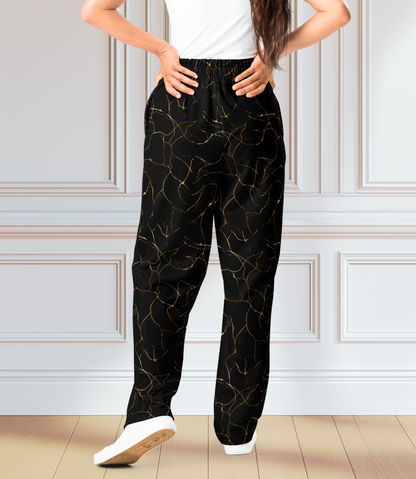 Black with Gold Marble Wide-Leg Joggers