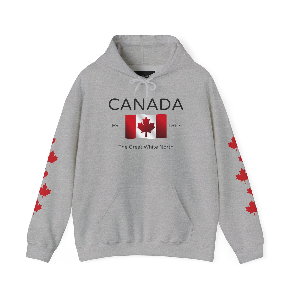 A custom hoodie with Canada in large letters on the front, there is a maple flag that looks like it is blowing in the wind with the words the great white north underneath, there are maple leaves along each sleeve of the hoodie.