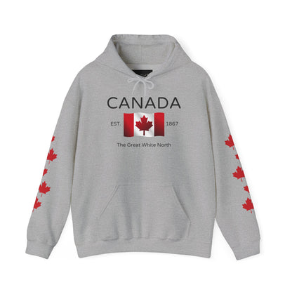 A custom hoodie with Canada in large letters on the front, there is a maple flag that looks like it is blowing in the wind with the words the great white north underneath, there are maple leaves along each sleeve of the hoodie.