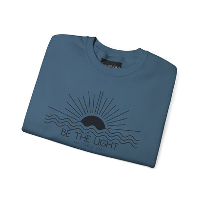 Crewneck Sweatshirt — Minimal "Be The Light" Sunrise Graphic
