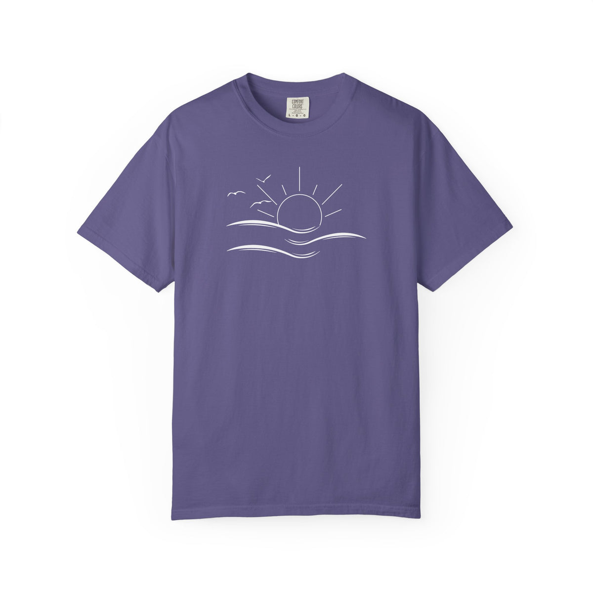 an oversized purple t-shirt the image on the front is a simple line drawing of waves and a sun with birds flying around the sun.