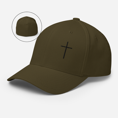 Black Embroidered Cross Structured Twill Cap