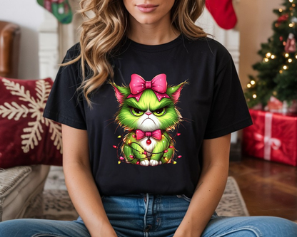 Grumpy Christmas Cat with Bow T-Shirt