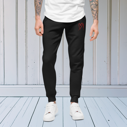 On the front of these fleece lines sweatpants, over the left front pocket is a red heart and exclamation mark that are embroidered into the pants, perfect for everyday pants.
