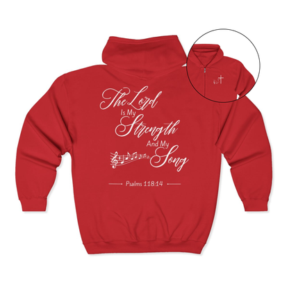 On the front of this Christian zip up hoodie is an image of a Jesus cross with music notes coming from the top of the cross, on the back of the hoodie are the words 'The Lord is my strength and my song Psalms 118:14 with music notes on either side of the image.
