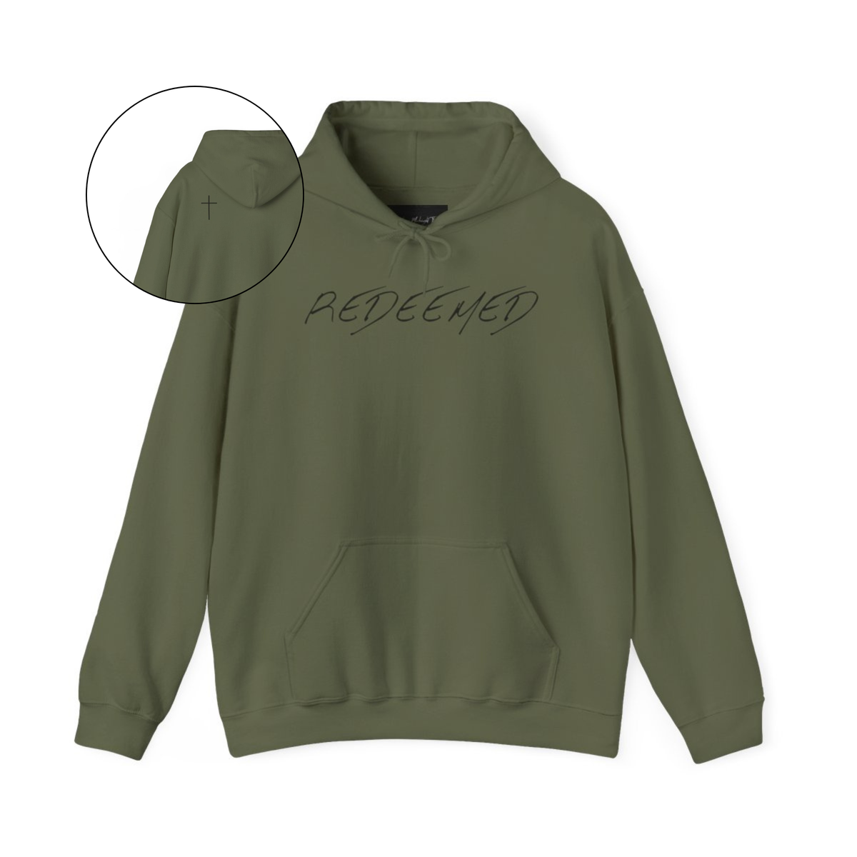 A army green hoodie with the words redeemed on the front center, a Jesus cross is on the back left shoulder of the hoodie.