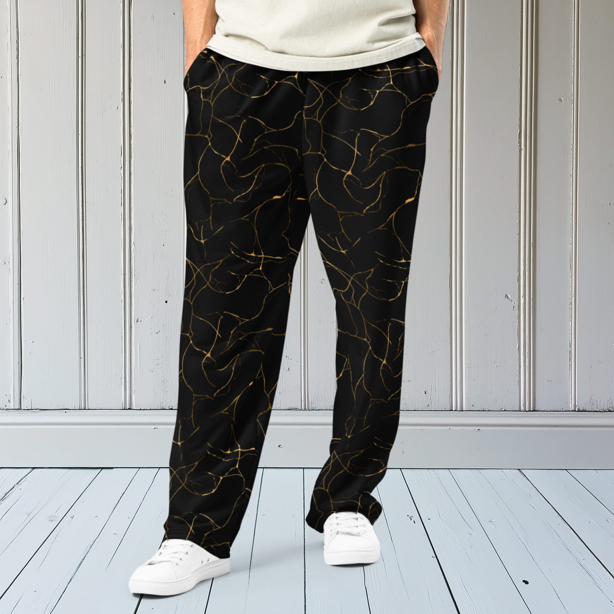 Black with Gold Marble Wide-Leg Joggers