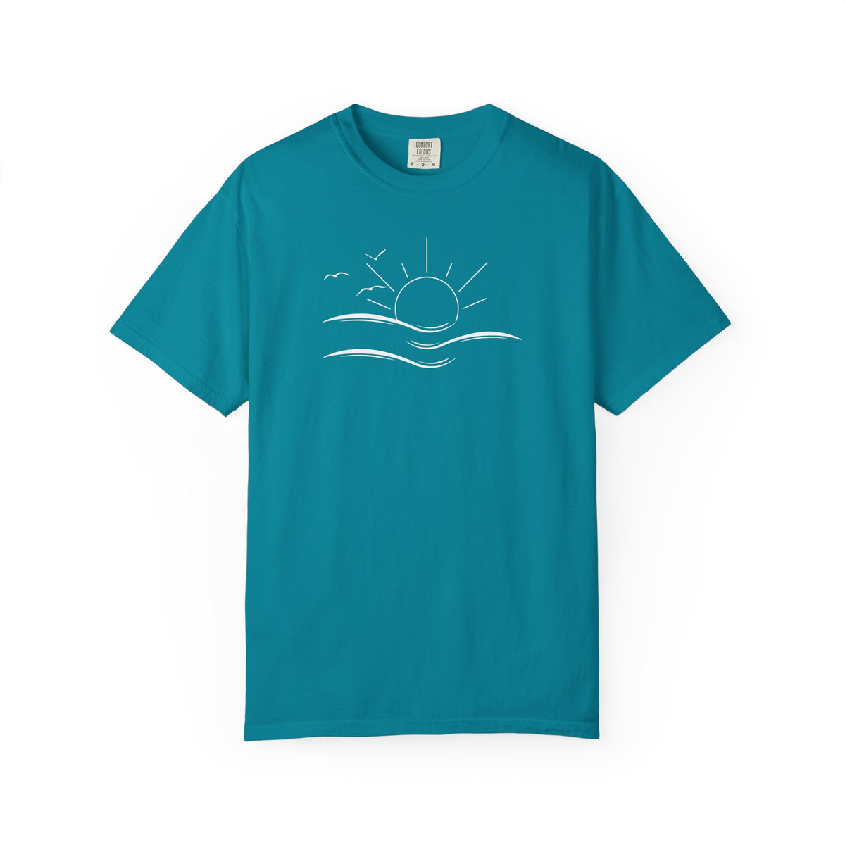 an oversized blue t-shirt the image on the front is a simple line drawing of waves and a sun with birds flying around the sun.