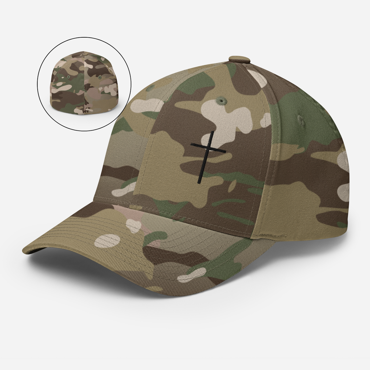 Black Embroidered Cross Structured Twill Cap