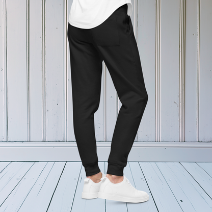 On the front of these fleece lines sweatpants, over the left front pocket is a red heart and exclamation mark that are embroidered into the pants, perfect for everyday pants.