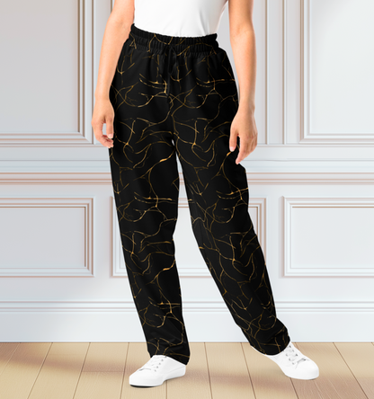 Black with Gold Marble Wide-Leg Joggers