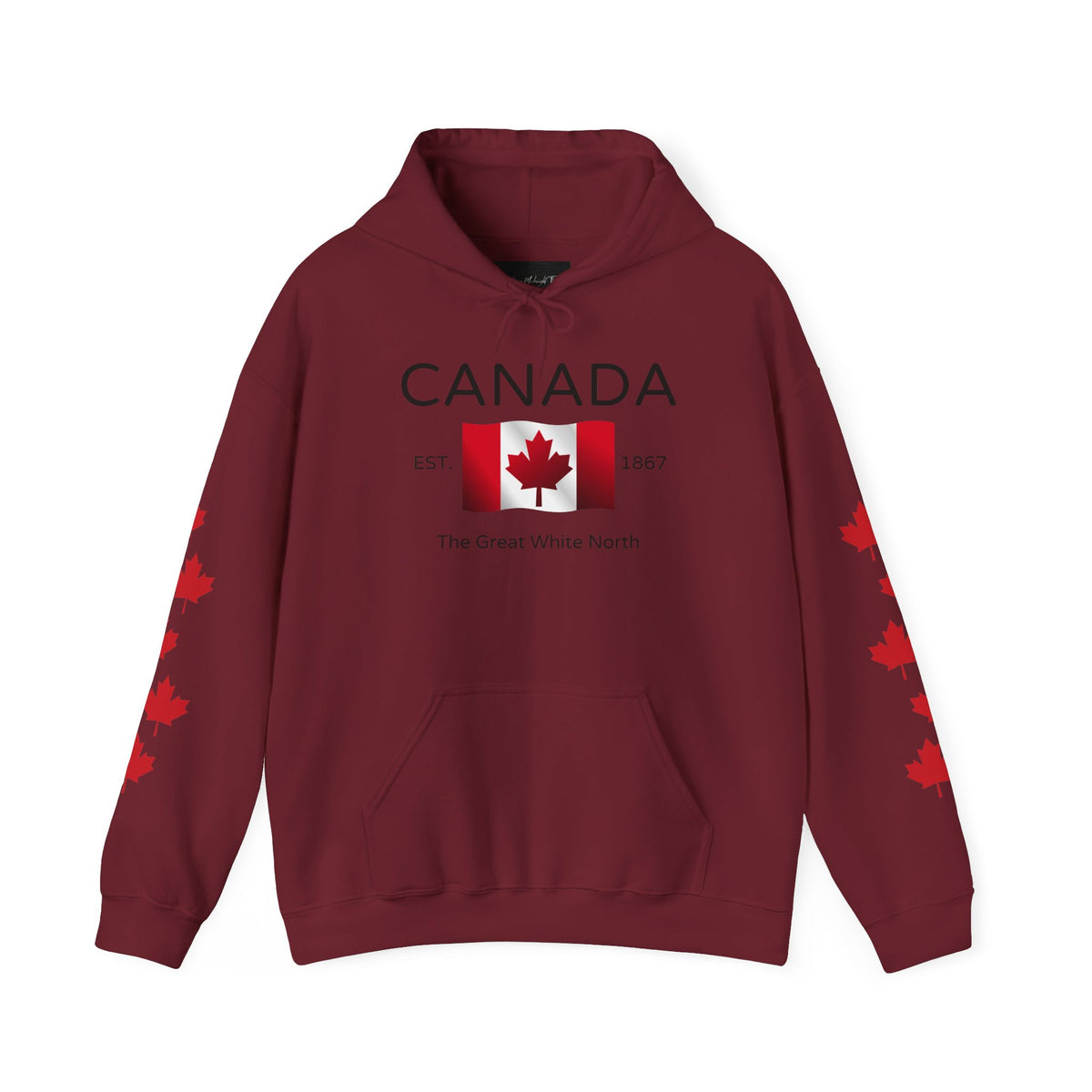 A custom hoodie with Canada in large letters on the front, there is a maple flag that looks like it is blowing in the wind with the words the great white north underneath, there are maple leaves along each sleeve of the hoodie.