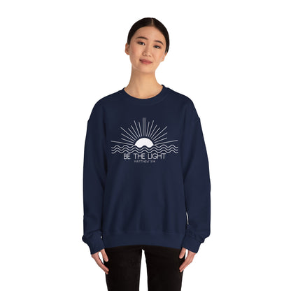 Crewneck Sweatshirt — Minimal "Be The Light" Sunrise Graphic