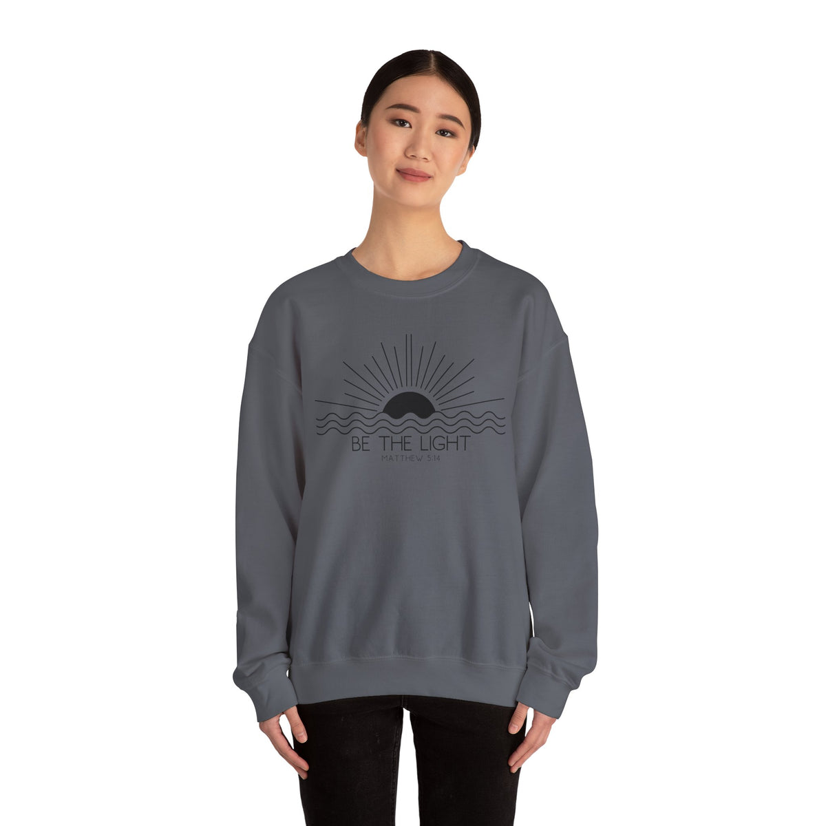 Crewneck Sweatshirt — Minimal "Be The Light" Sunrise Graphic