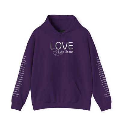 Love Like Jesus Hoodie — Christian Faith Pullover with Scripture Sleeve Text