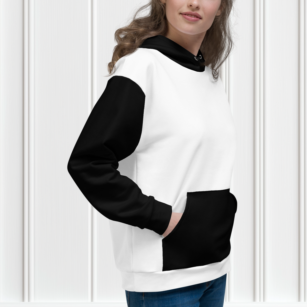 White With Black Color Block Unisex Hoodie