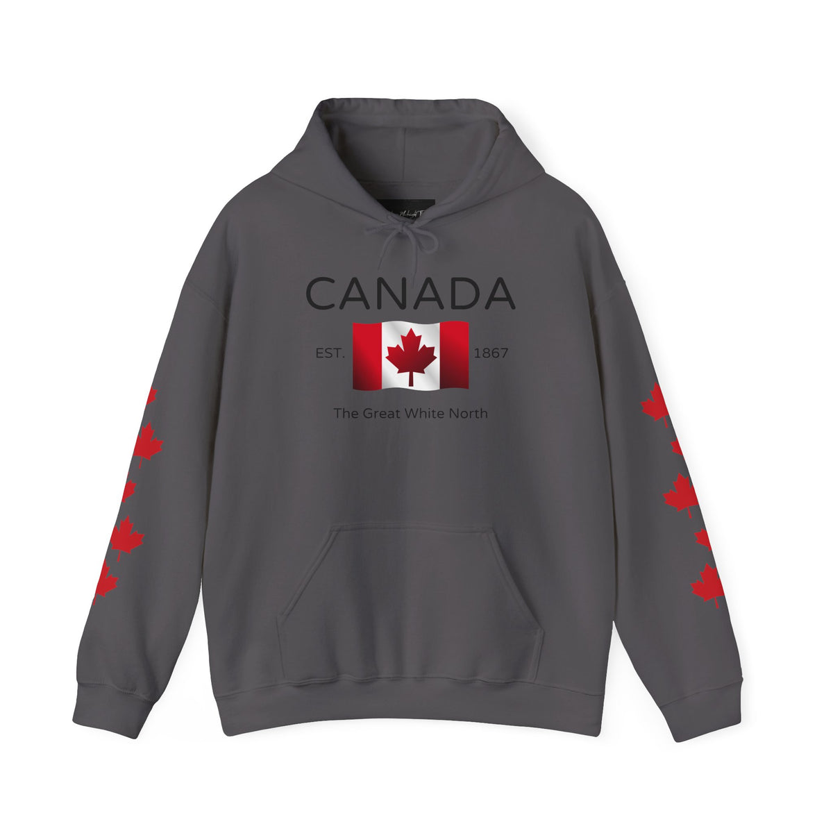 A custom hoodie with Canada in large letters on the front, there is a maple flag that looks like it is blowing in the wind with the words the great white north underneath, there are maple leaves along each sleeve of the hoodie.