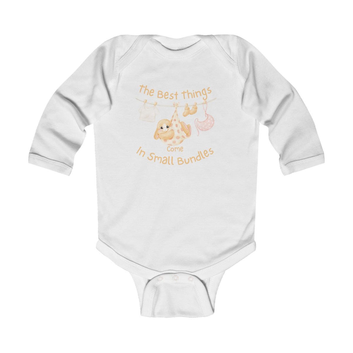 Infant Long Sleeve Bodysuit - "The Best Things Come in Small Bundles" Baby Onesie, Cute Pastel Nursery Animal Design, Newborn Gift
